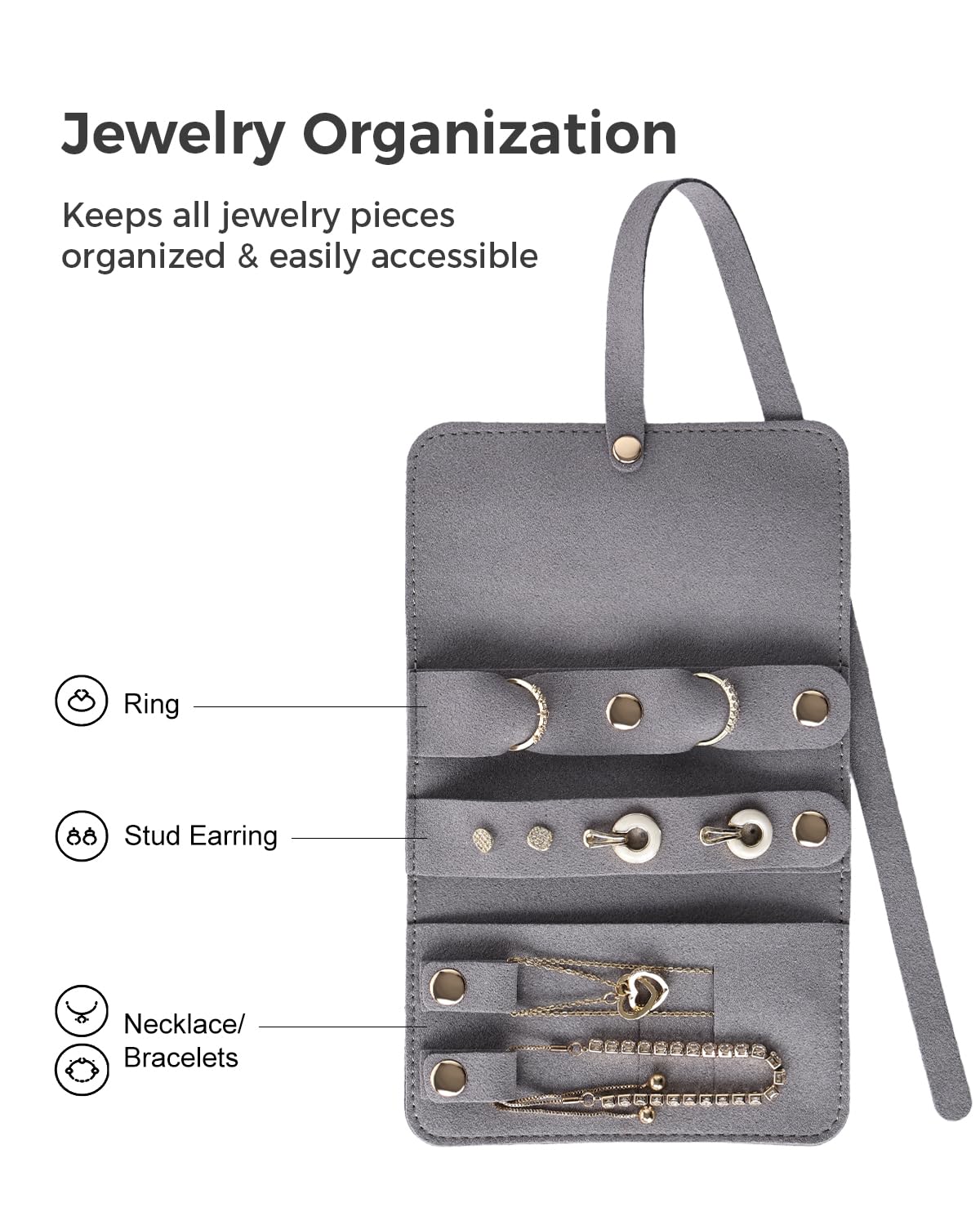 CASEGRACE Travel Jewelry Organizer Roll, Portable Velvet Jewelry Storage Roll Earring Organizer Bag, Jewelry Pocket for Necklaces, Rings, Earrings (Gray)