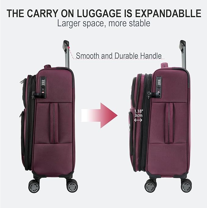 KROSER Softside Expandable Carry On Luggage with Spinner Wheels & Built-in TSA Lock, Durable Suitcase Rolling Luggage with USB Port, Carry-On 20-Inch, Burgundy