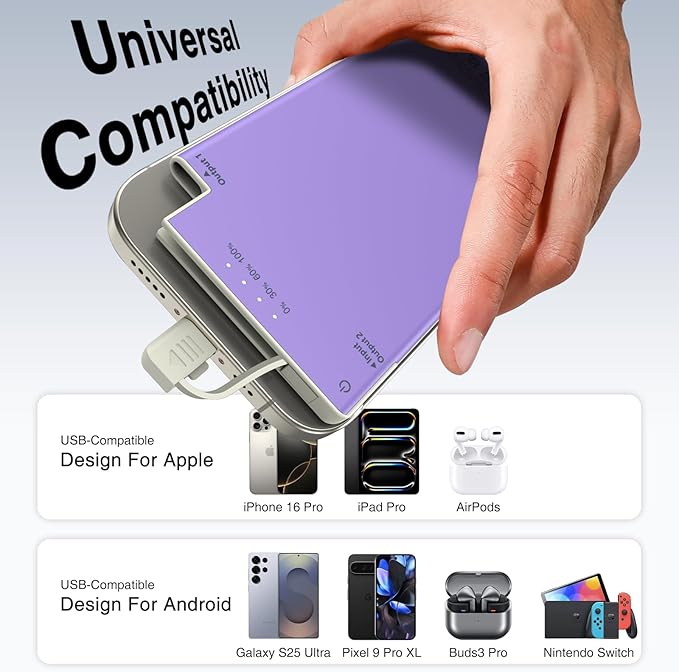 Auskang Purple Slim Power Bank with Built in Cable-5000mAh Thin USB C Portable Charger Compatible with iPhone16 15 Series/Samsung, Google Pixel/Android etc-Thin Battery Pack for Outdoor Travel