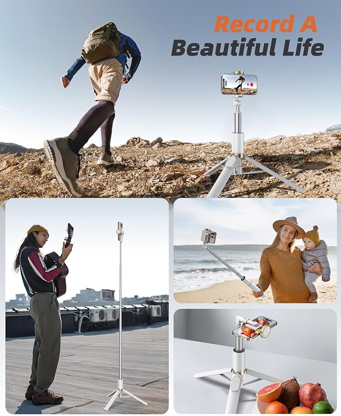 62" Phone Tripod & Selfie Stick, Tripod for iPhone with Remote, All-in-1 Cell Phone Stand, Portable, Lightweight Extendable for Selfies Video Recording Vlog, Compatible with iPhone Android - White