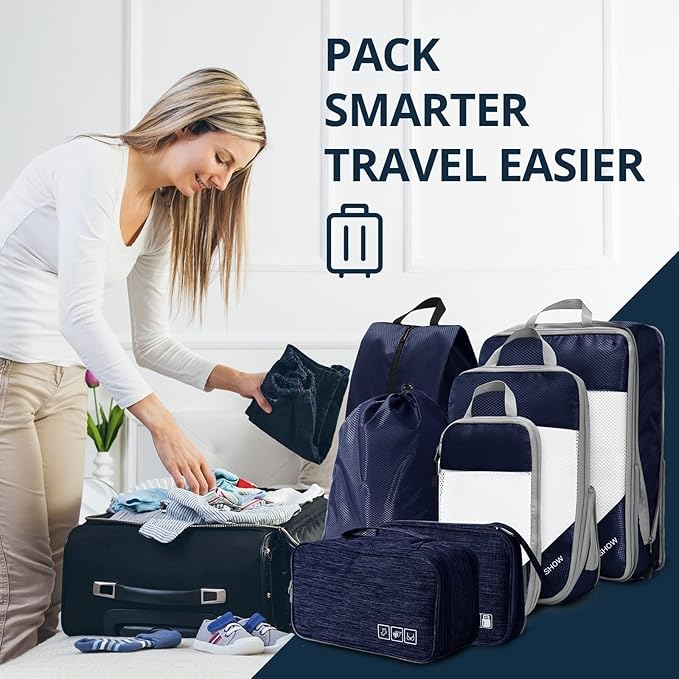 7 Set Compression Packing Cubes for Travel - Compressible, Lightweight, and Space-Saving Packing Cubes, Travel Essentials for Women, Navy