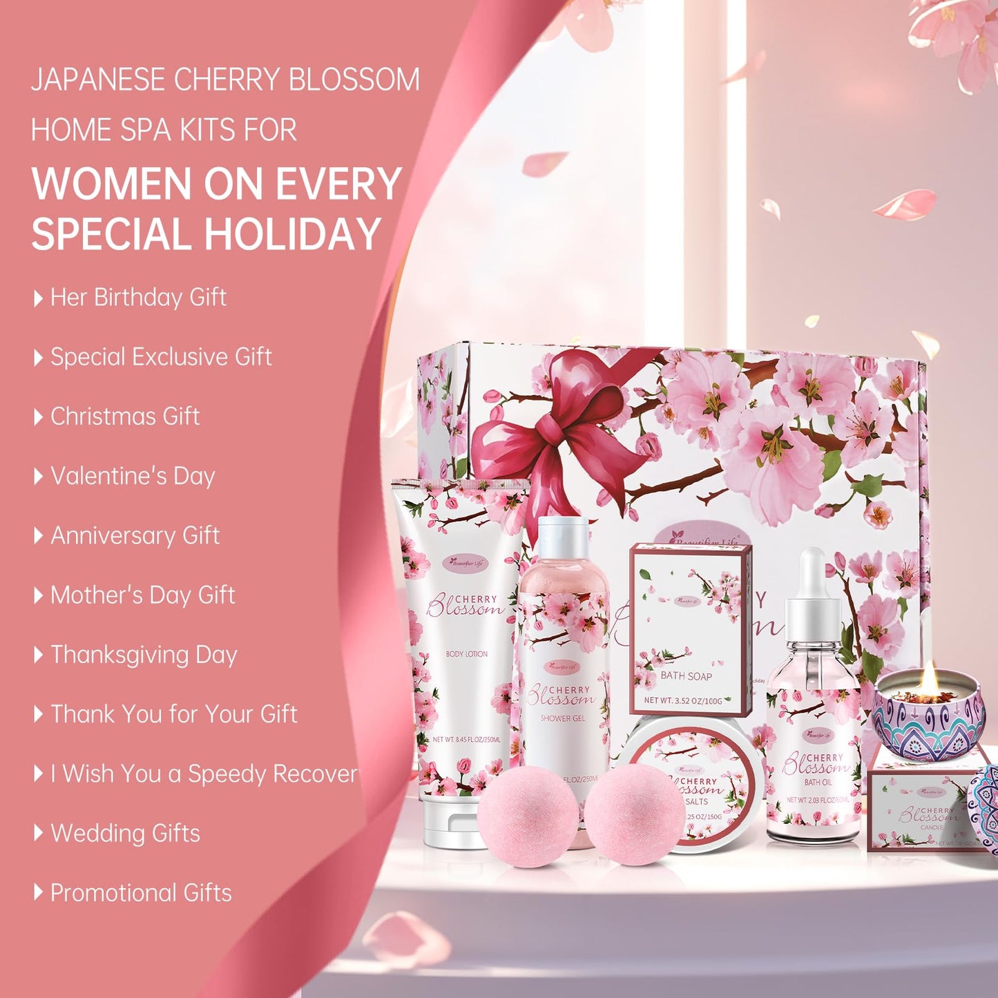Bath and Body Gift Set for Women - Luxurious Home Spa Gift Set, Japanese Cherry Blossom Scented 7-Piece Set Including Shower Gel, Body Lotion, Bath Oil, Bath Salt, Soap, Bath Bombs, and Candle