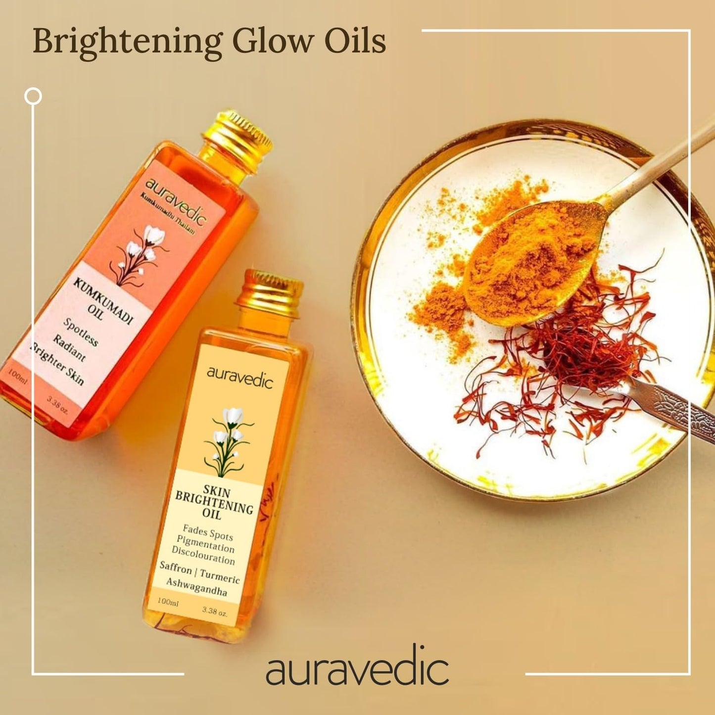 Auravedic Kumkumadi Oil & Skin Oil Combo | Saffron, Turmeric and Winter Cherry Infused Face Moisturizer | Hydrating & Moisturizing | for All Skin Types | 3.38Fl Oz (100ml)