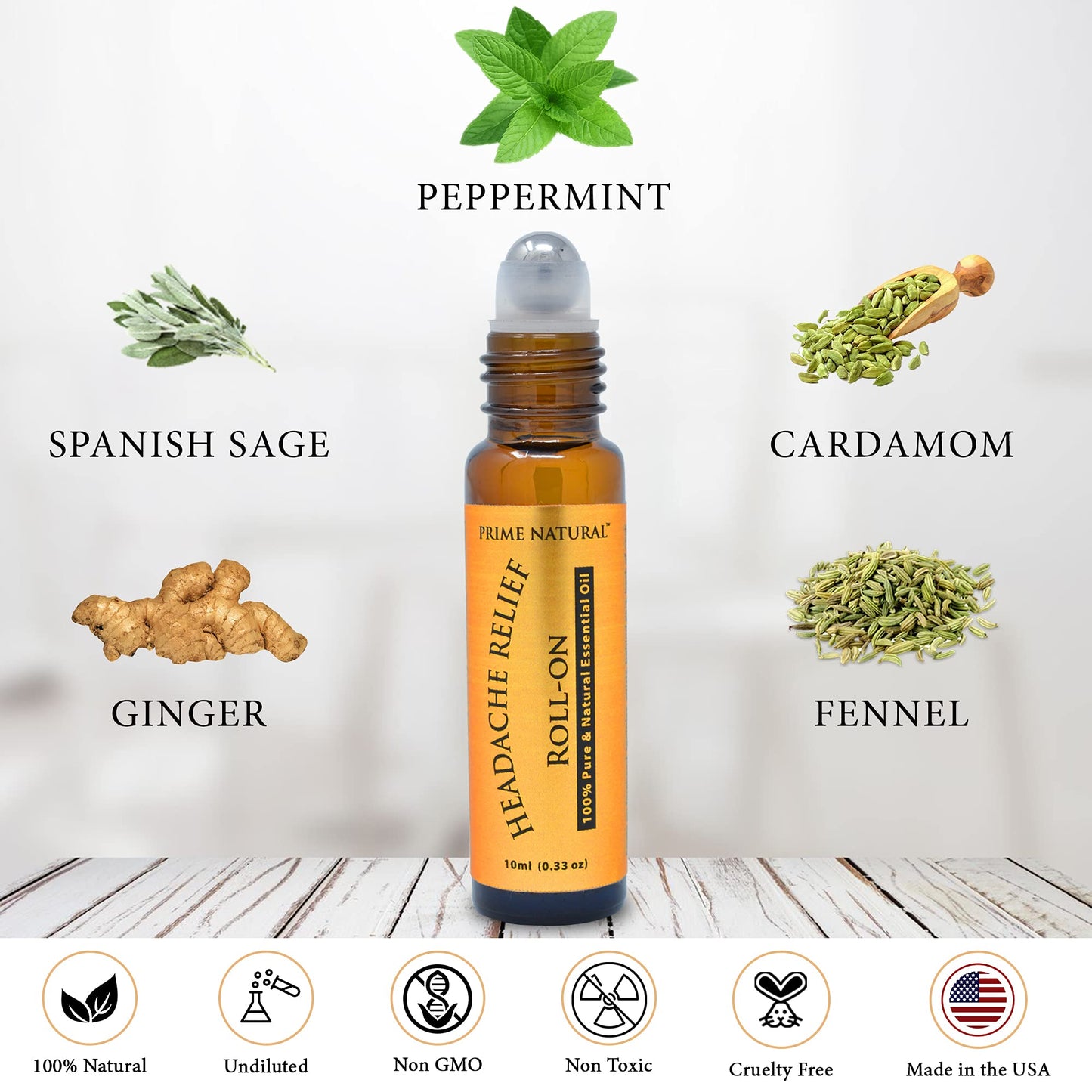 PRIME NATURAL Headache Relief Essential Oil Roll On 10ml, Pre-Diluted, Ready to Use Roller for Migraine, Tension, Calming, Soothing, Grounding, Sore Muscles, Sprain & Sleep