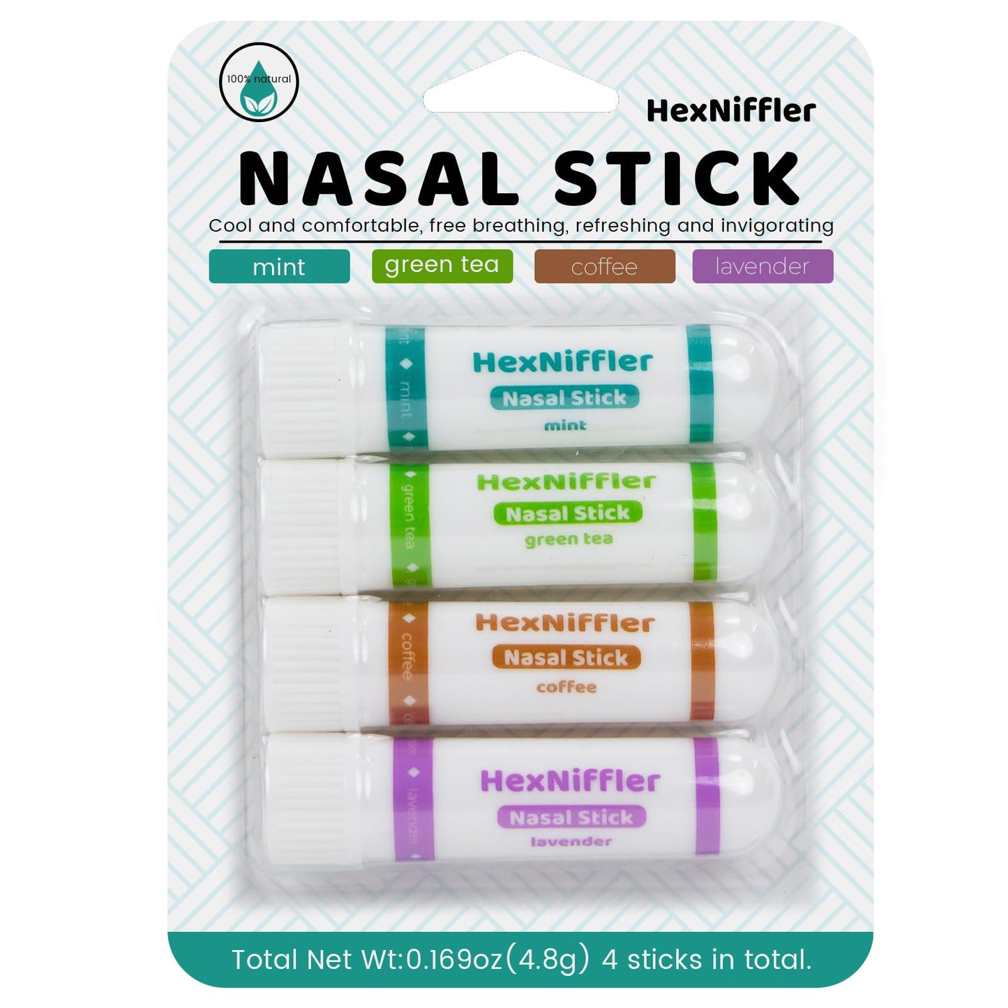 Nasal Stick, Essential Oil Vapor Inhaler, Natural Ingredients, Breathe Freely,Boosts Mood, On-The-Go Portable Nasal Inhaler for Adults, 4Pack(Mint, Lavender, Green Tea,Coffee) (4 Pack Variety)