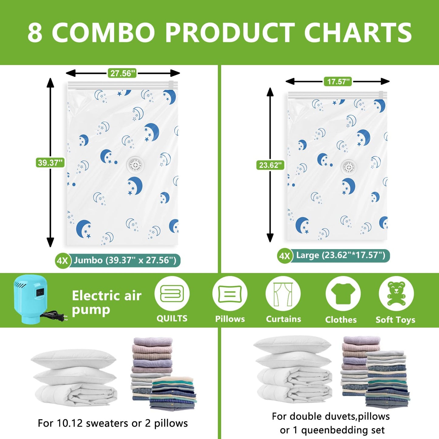 Vacuum Storage Bags with Electric Pump, 8-Pack Large Vacuum Seal Bags for Clothing Vacuum Bags for Travel Packing and Home Bedding Blankets Organization