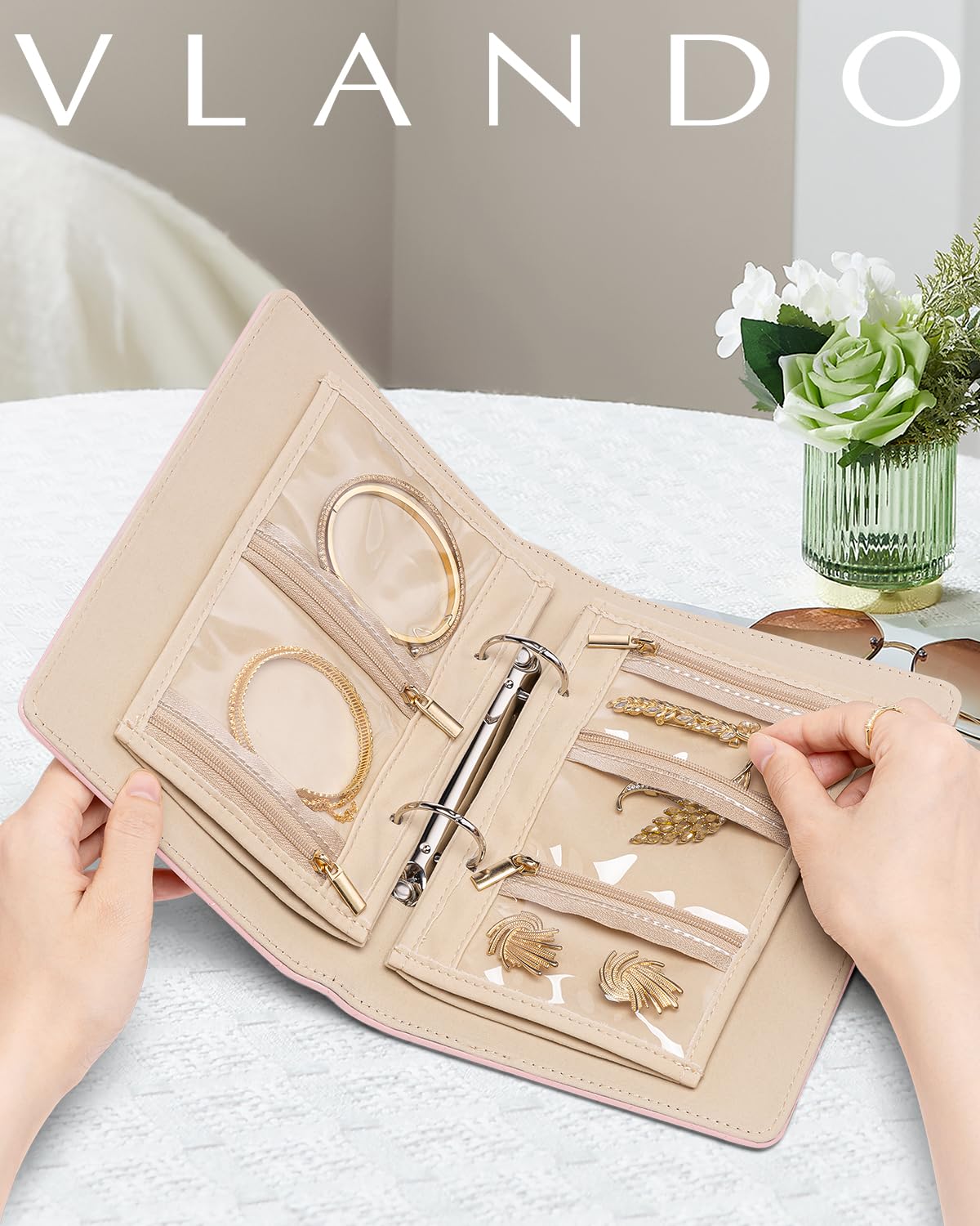 Vlando Travel Jewelry Case,Jewelry Organizer Box with Clear Zipper Velvet Jewelry Pouch Bag, PU Leather Jewelry Case,Gift for Women-Pink