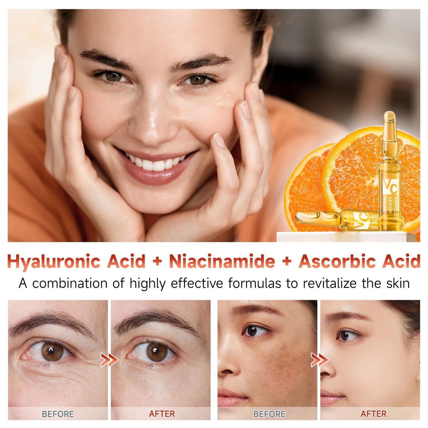 Vitamin C Face Serum, Hyaluronic Acid + Niacinamide + Ascorbic Acid, Anti Aging Facial Serum Ampoules for Wrinkles, Firmness & Moisturizing, Organic Vitamin C for Face with Three Boxes of 21 Ampoules
