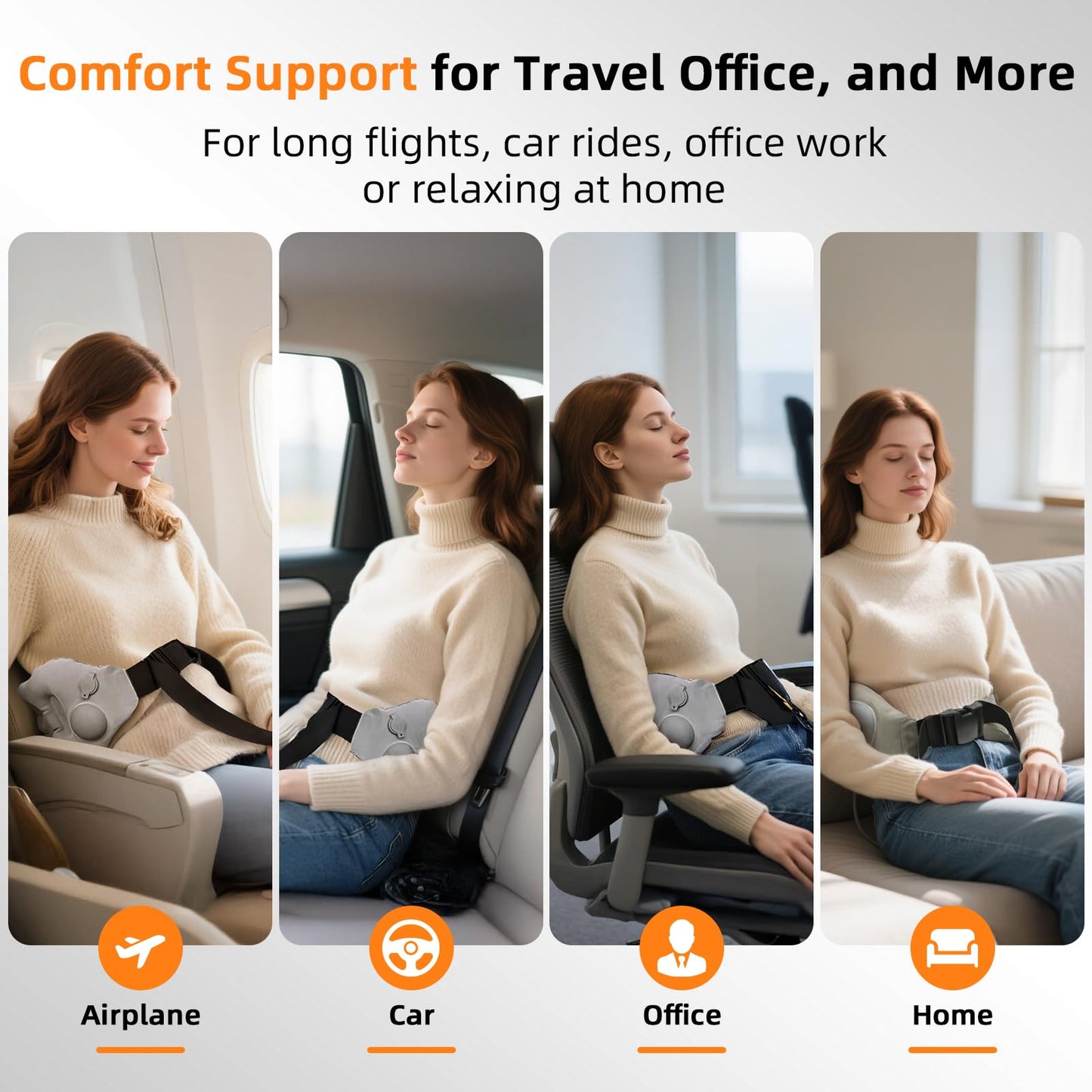 Nufuriri Inflatable Back Support Pillow for Travel – Foldable Travel Back Pillow for Airplane, Office, Car, Home – Adjustable Belt & Hand-Press Inflation, Compact & Lightweight