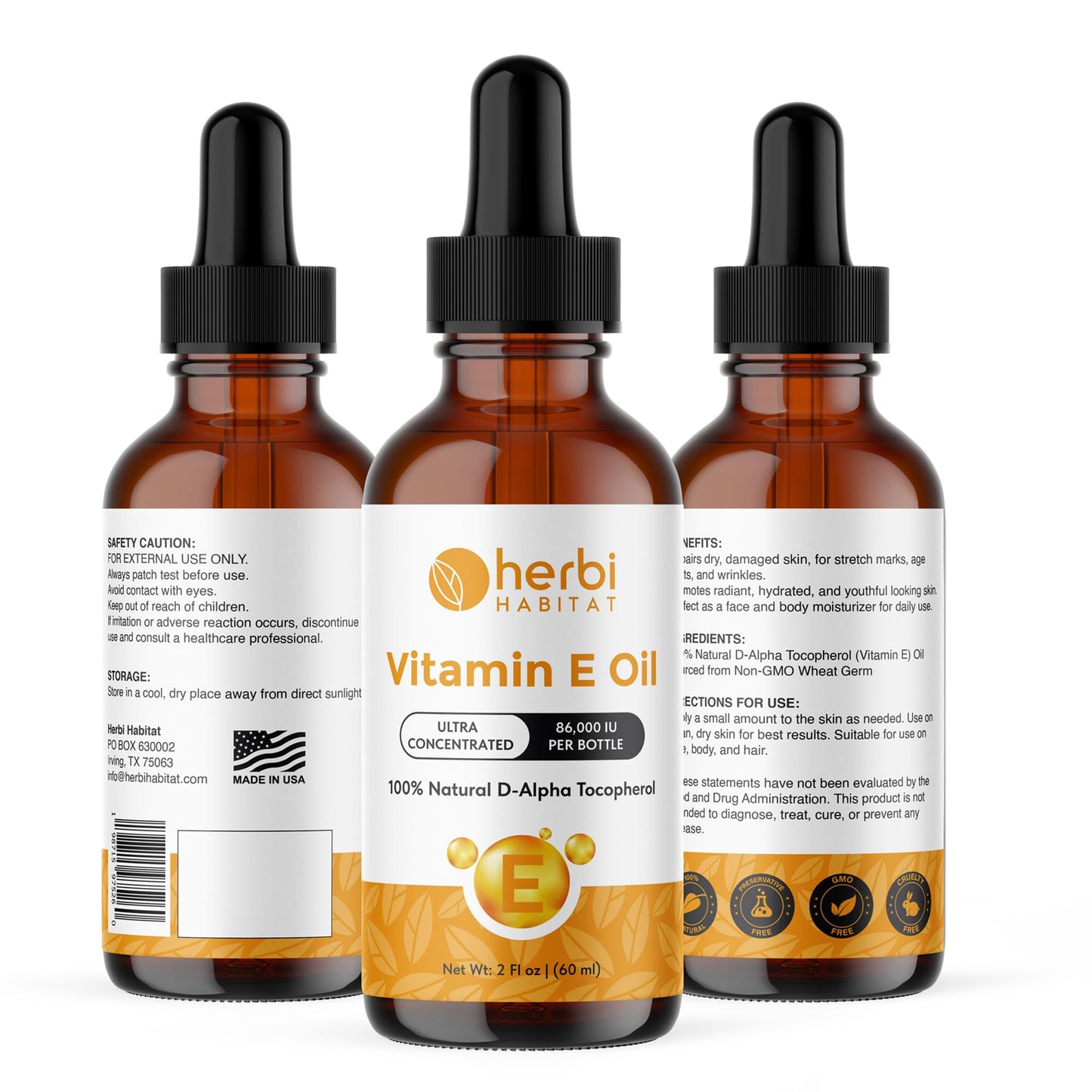 Herbi Habitat Vitamin E Oil 86,000 IU - Natural D-Alpha Tocopherol for Skin, Hair, Nails, Scars & Stretch Marks - Non-GMO & Vegan, 2 Fl oz