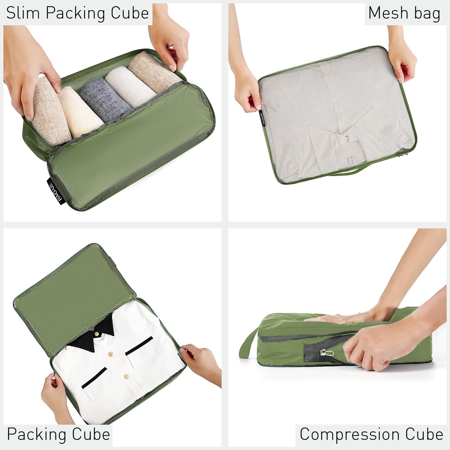 Bagail Ultralight Packing Cubes 7 Set, 3 Compression Packing Cubes 3 Packing Organizers With 1 Shoe Bag-Matcha