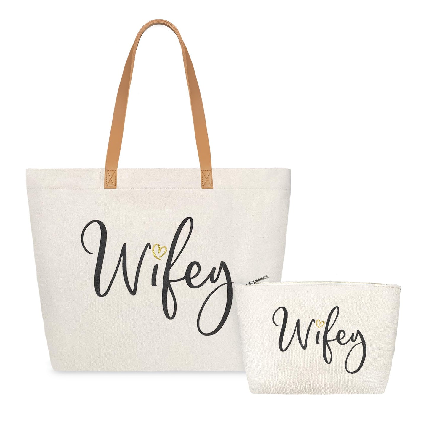 ELEGANTPARK Wifey Bag Wifey Gifts Wedding Gifts for Bride Bridal Shower Bachelorette Party Honeymoon Large Travel Shoulder Bag Canvas Totes with Zipper Set of 2