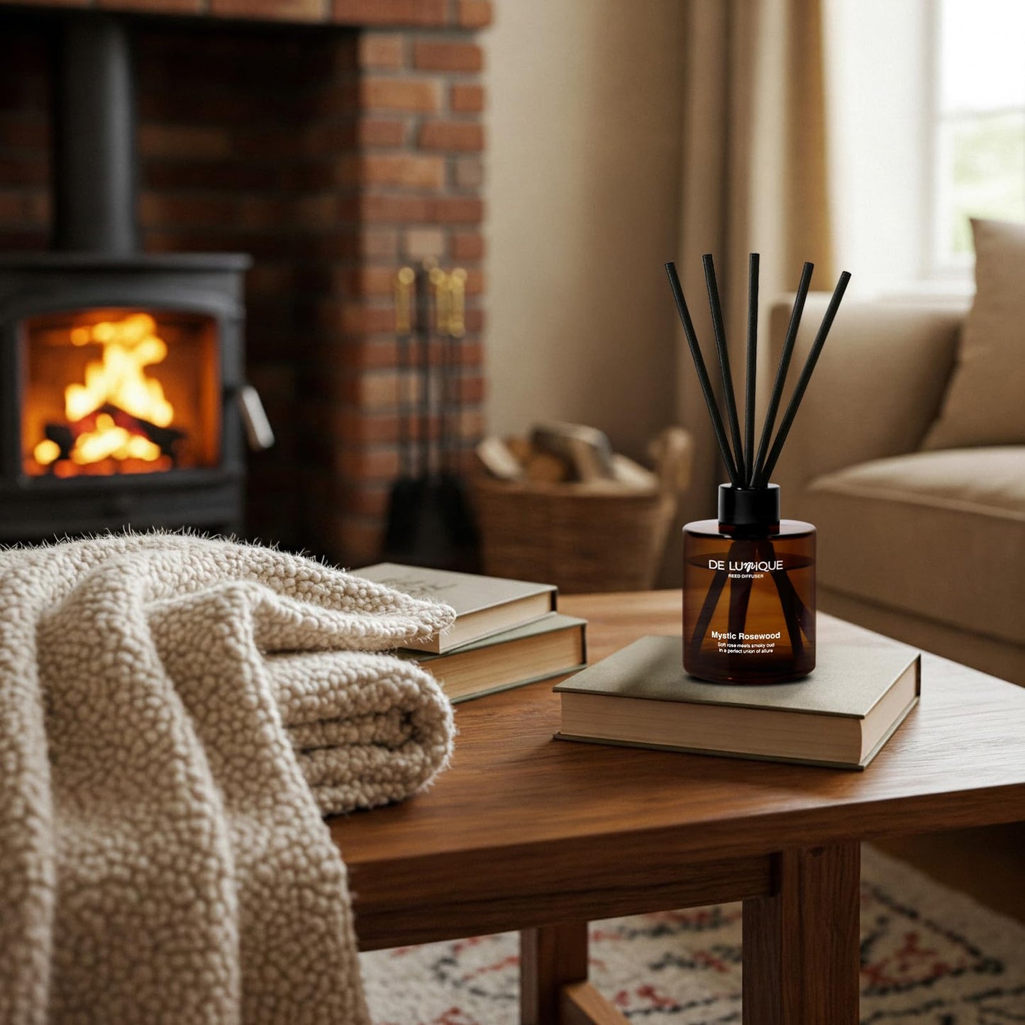 De Lumique Mystic Rosewood Reed Diffuser for Bathroom – Bathroom Diffuser with Sticks – Long-Lasting Scent with Oud, Damask Rose & Saffron Home Fragrance Decor – 150ml