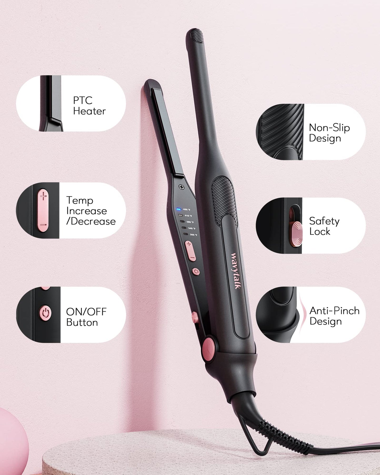 Wavytalk 3/10" Small Flat Iron, Pencil Flat Iron for Short Hair, Pixie Cut and Bangs, Curling Iron for Short Hair, Mini Hair Straightener for Edges with Anti-Pinch Design, Tiny Hair Straightener