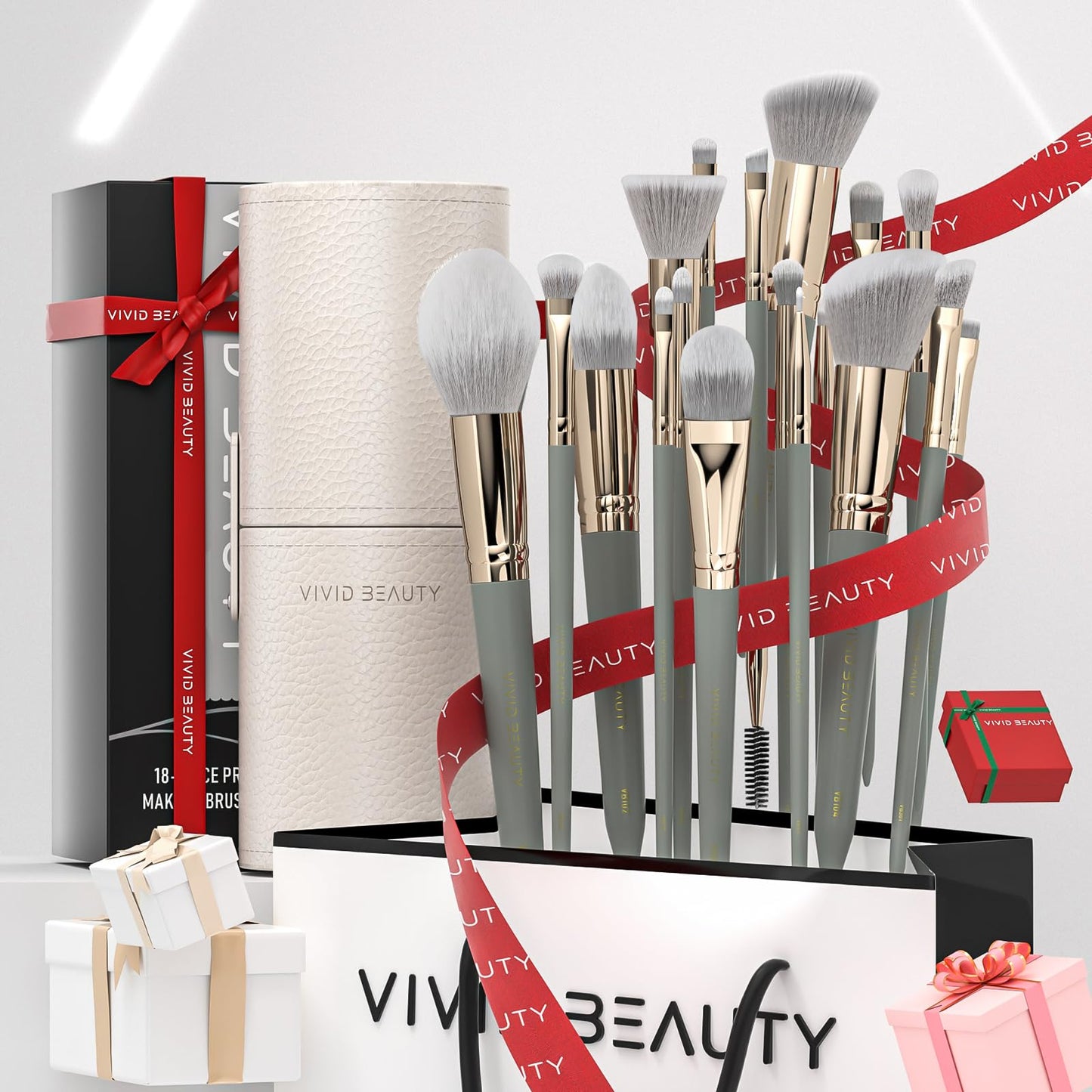 Vivid Beauty Makeup Brush Set, 18 Pcs Make up Brushes for Face and Eye with Travel Case – Natural Wood Handles – Unique Pointed Design, Makeup Brushes for Professional & Beginner Makeup Lovers (Gray)