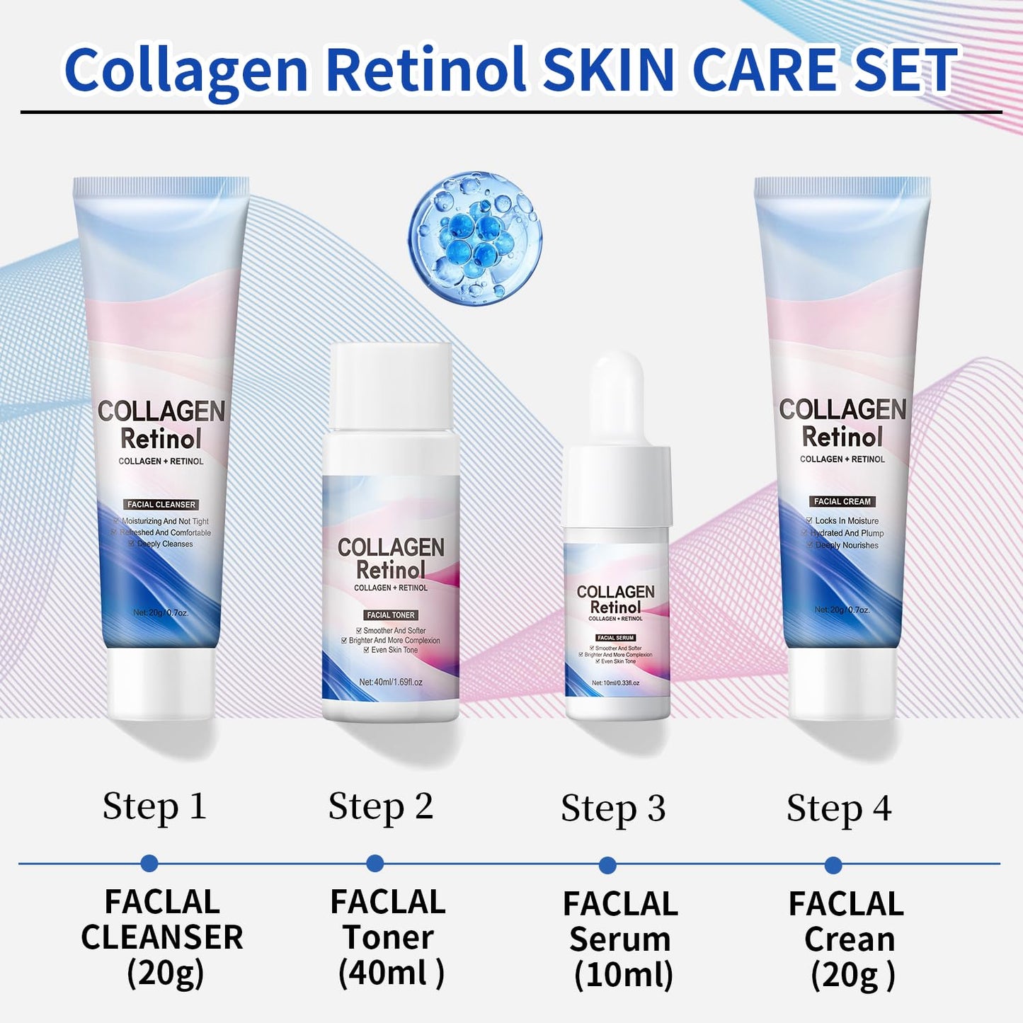 Skin Care Set, Collagen Retinol Rejuvenating Kit, Mini Travel Essentials, Travel Size Skin Set with Facial Cleanser, Toner, Serum, Cream, Lightweight, Hydrating, Travel-Friendly Skincare Set