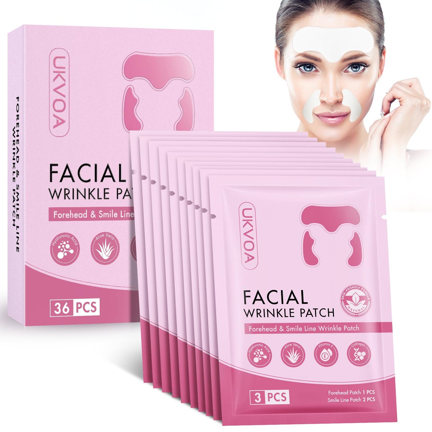 UKVOA Forehead Wrinkle Patches & Smile Line Patches, Overnight Facial Wrinkle Treatment with Hyaluronic Acid, Aloe, Collagen & Vitamin E to Lift Smile Lines for Women 36pcs
