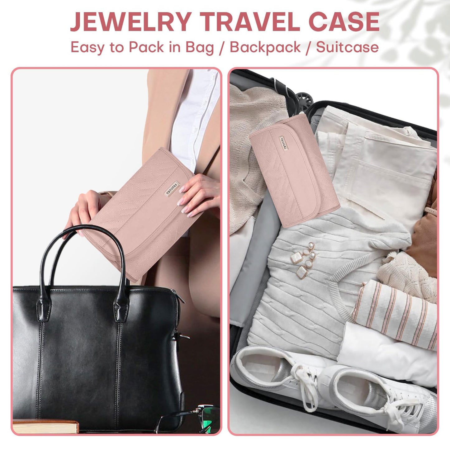 TBTOTRA Travel Jewelry Organizer Box, Foldable Travel Case for Earrings, Necklaces, Rings, Bracelets, Pink