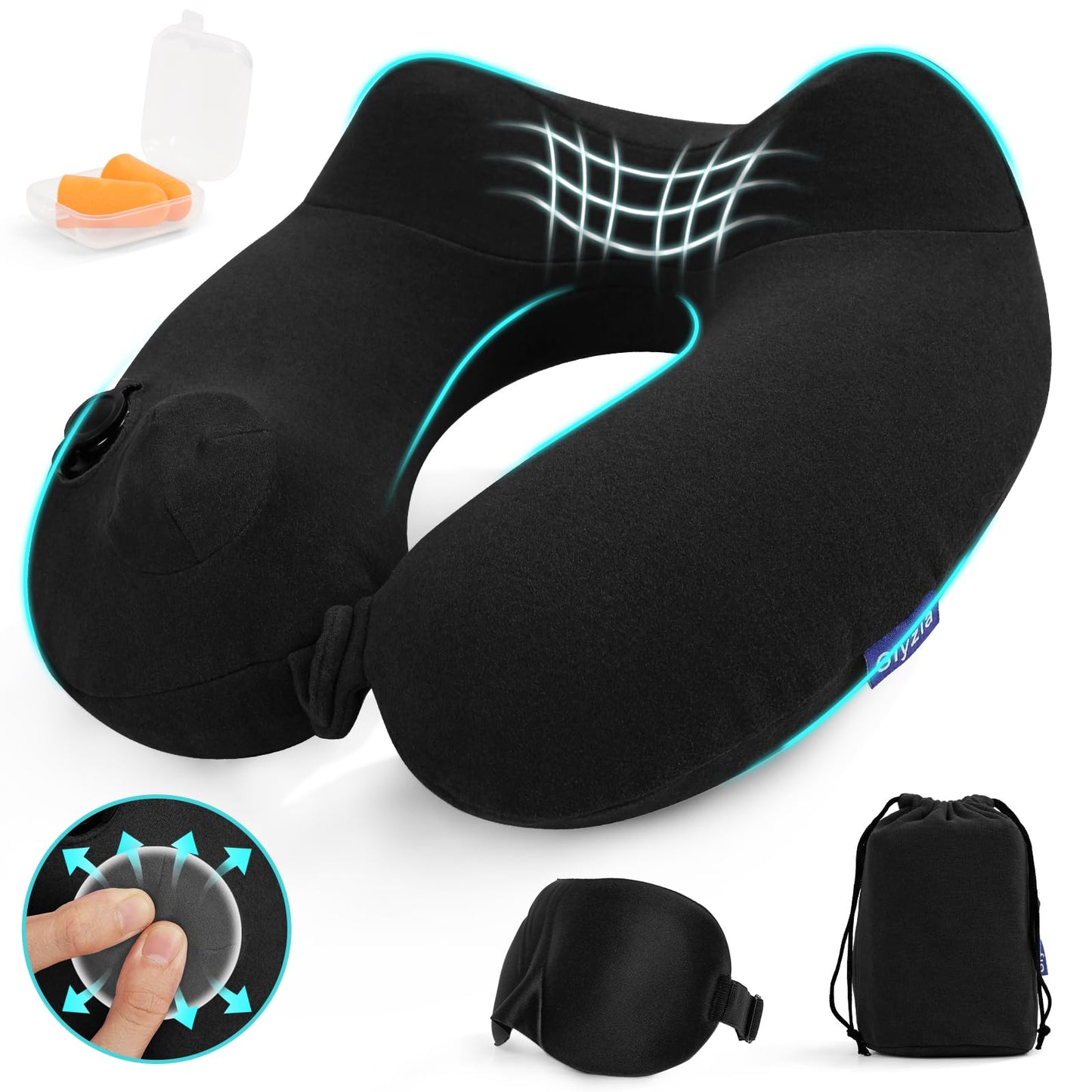 Glyzia Inflatable Travel Neck Pillow for Airplane, Head Support Velvet Adult Neck Pillow for Long Flight, Kit with Eye Mask, Earplugs and Storage Bag,1, Black