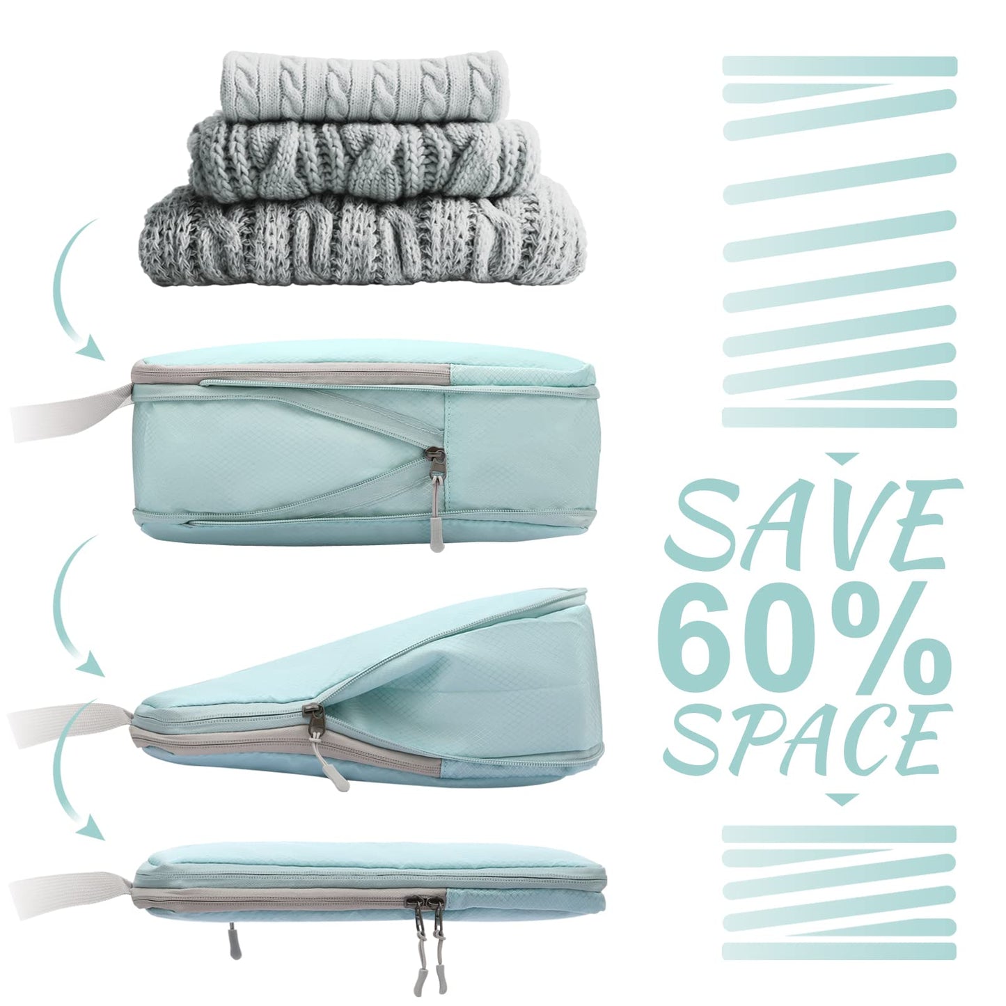 WOOMADA Compression Packing Cubes for Suitcases Travel Essentials 4 Set Expandable Travel Bags Organizer for Luggage(turquoise)