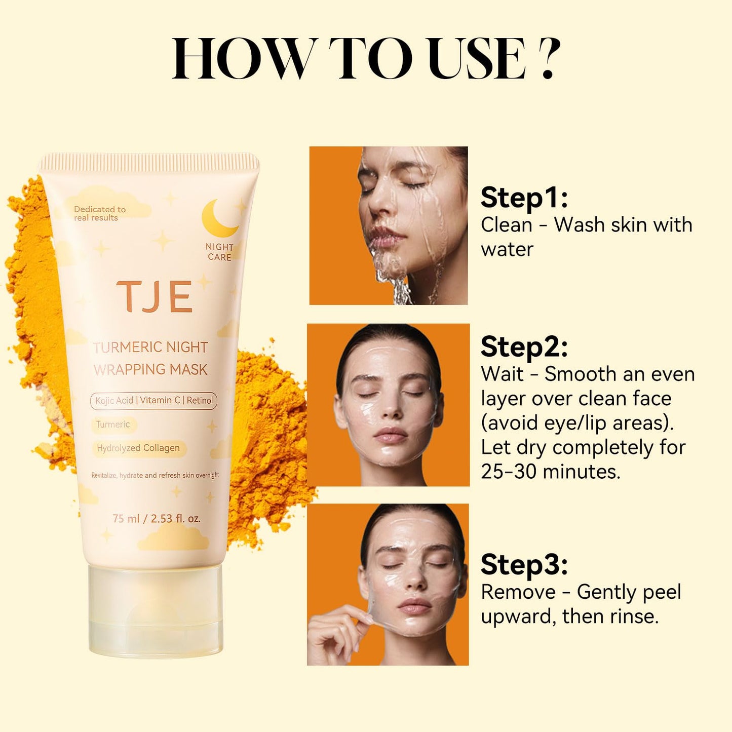 TJE Turmeric Collagen Night Wrapping Mask with Kojic Acid, Vitamin C, Turmeric Overnight Peel Off Face Mask for Clear Skin - Facial Mask Elasticity & Hydration Care - 2.53 fl.oz / 75ml (1 Pcs)