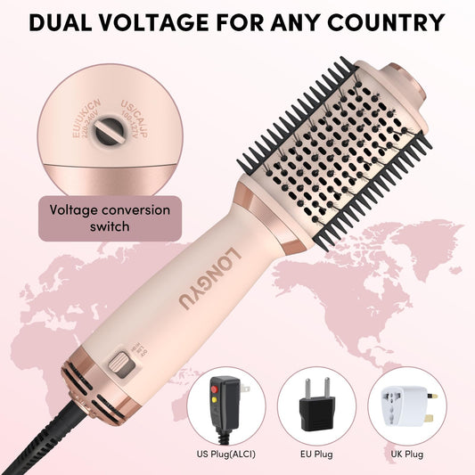 Longyu Travel Dual Voltage Hair Dryer Brush Mini Hot Air Brush with European Plug 110V-240V One Step Blow Dryer and Styler Volumizer for Home & Salon