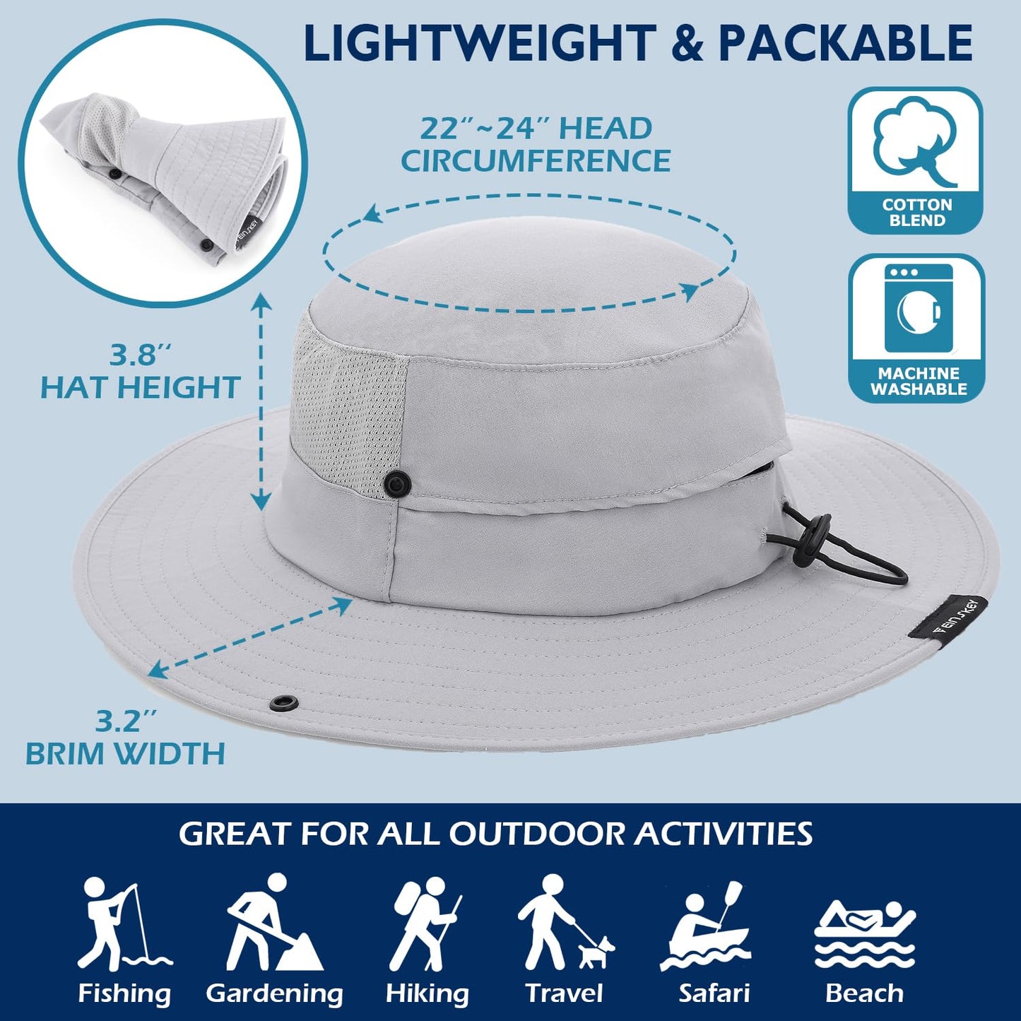 EINSKEY Cooling Sun Hat for Men Women, Packable Wide Brim Bucket Hat with Ponytail Adjustable Boonie Hat for Fishing Hiking
