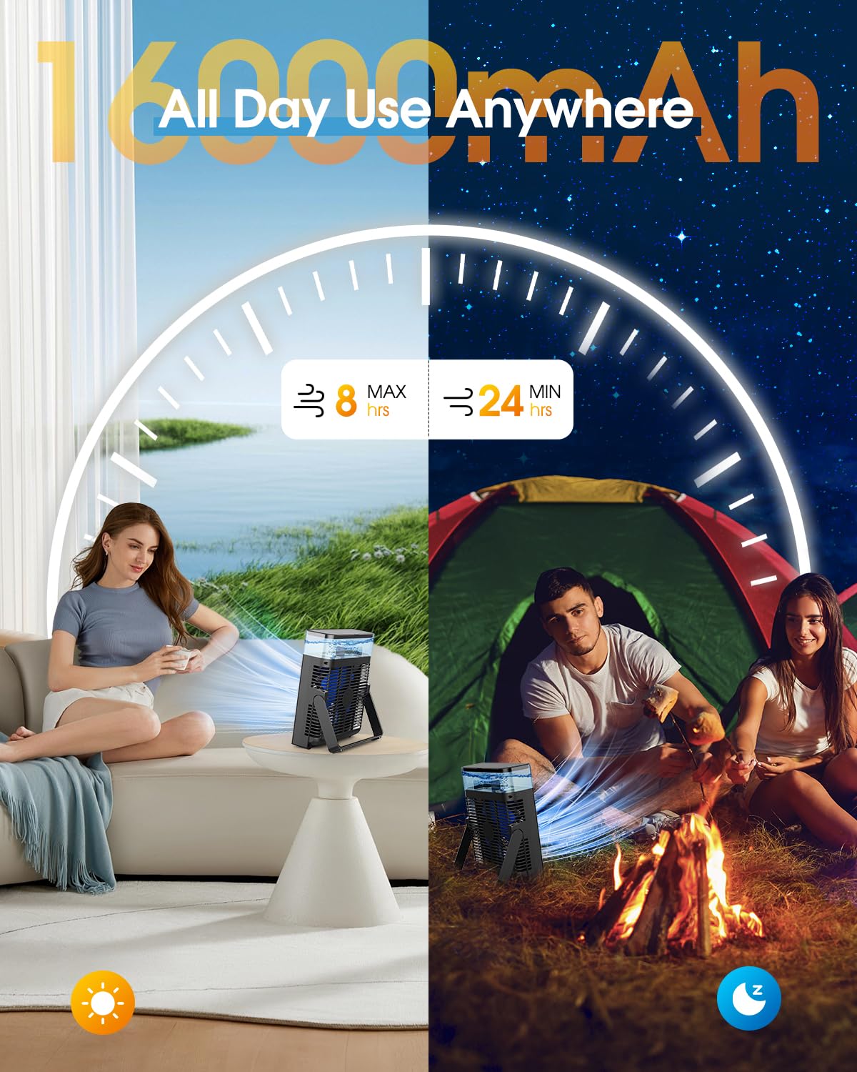 JINLICTE Portable Misting Fan, 16000mAh 8-Inch Rechargeable Water Cooling Mist Fan with 600mL Water Tank, Quiet USB Battery Powered, Perfect Cooling for Camping Home Outside Office