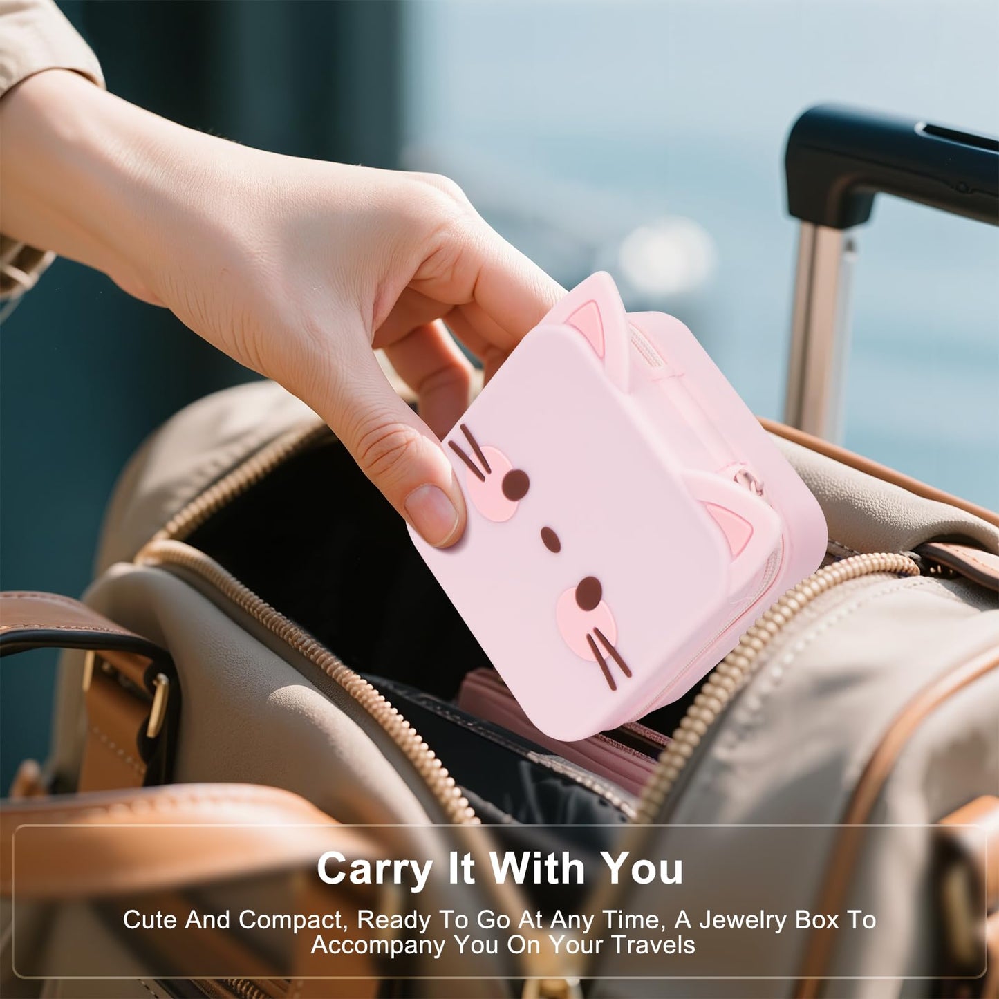 Tizuxa Cute Cat Travel Jewelry Case with Mirror, Silicone Portable Mini Small Jewelry Box Organizer for Women Girls Mom, Wedding, Birthday Gift - Pink