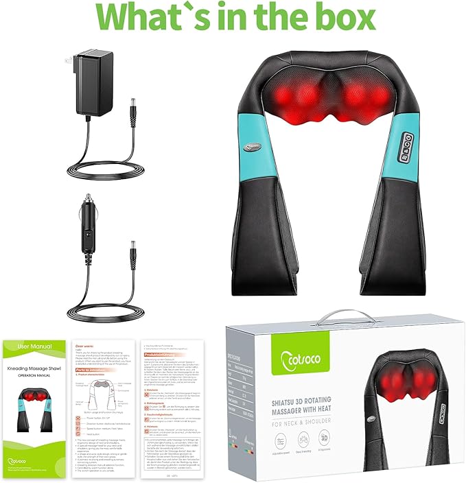 cotsoco Neck Massager, Shiatsu Neck and Back Massager with Heat for Pain Relief, Deep Tissue 3D Kneading Massage Pillow, Relaxation Gifts for Men and Women, Gifts for Dad, Elderly,Wife(Teal)