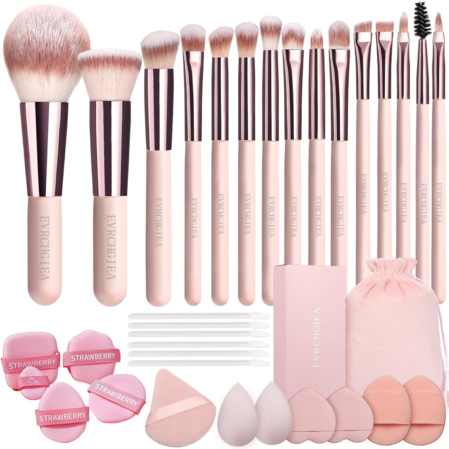 EVRCHGIEA 15pcs Travel Makeup Brushes Foundation Powder Concealers Eye Shadows Travel Mini Makeup Brush Set with 12pcs Puff, Sponge and Bag (pink)