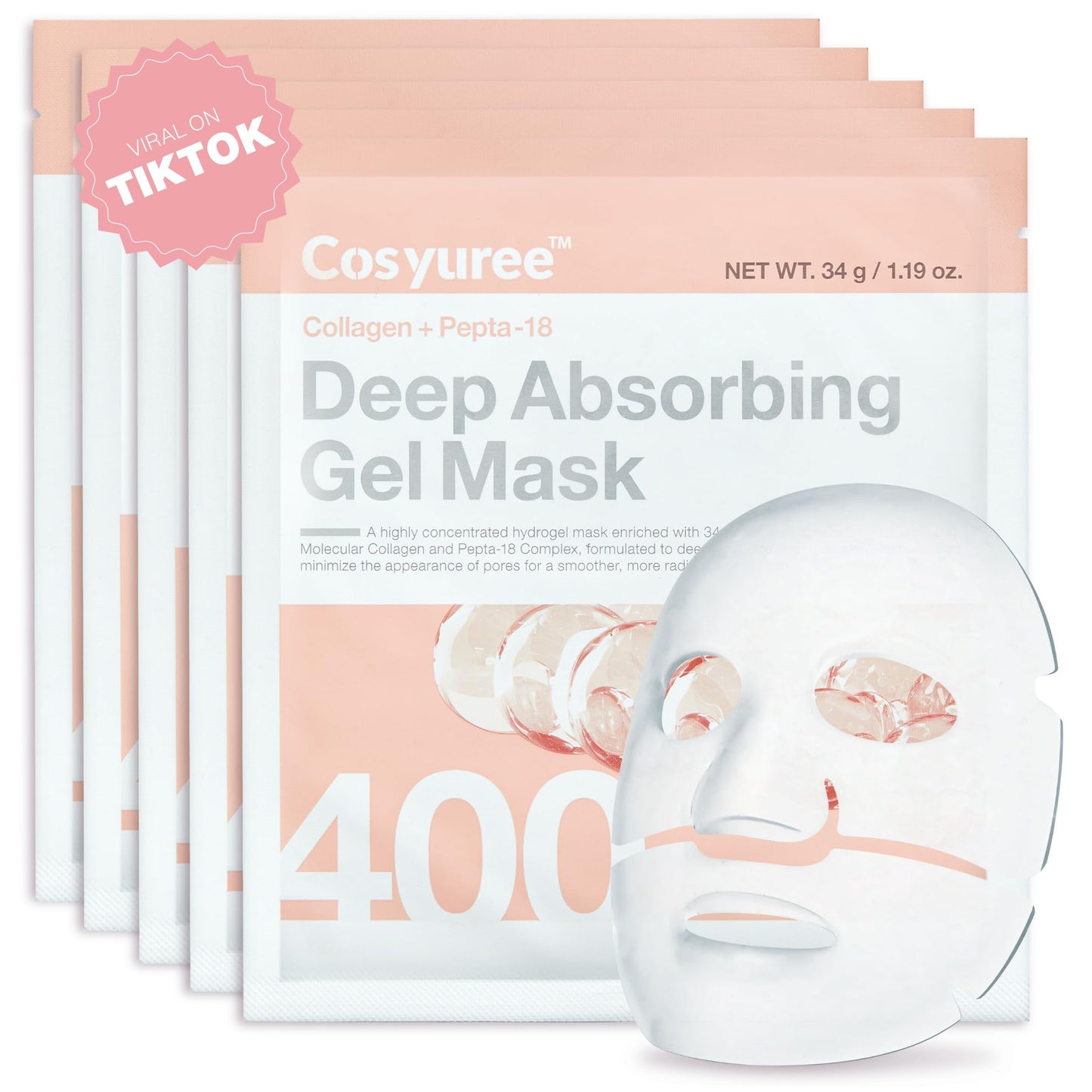 COSYUREE Collagen Deep Absorbing Hydrogel Mask (50g x 5ea) Korean Collagen Face Mask for Deep Hydration, Skin Firming, & Rejuvenation, Overnight Hydrating Gel with Pepta-18