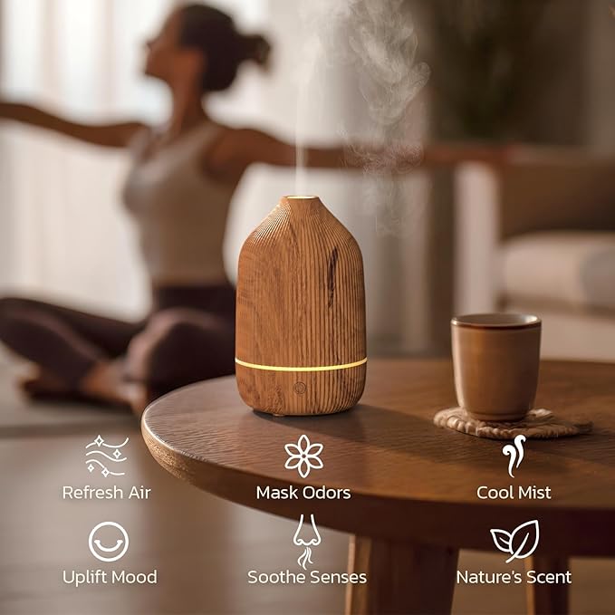 Essential Oil Diffuser, 100ml Aromatherapy Diffuser, Mini Ultrasonic Diffuser for Essential Oil, Home, Office, Cool Mist Humidifier with 7 Led Light, Auto Shut-Off, Wood Grain
