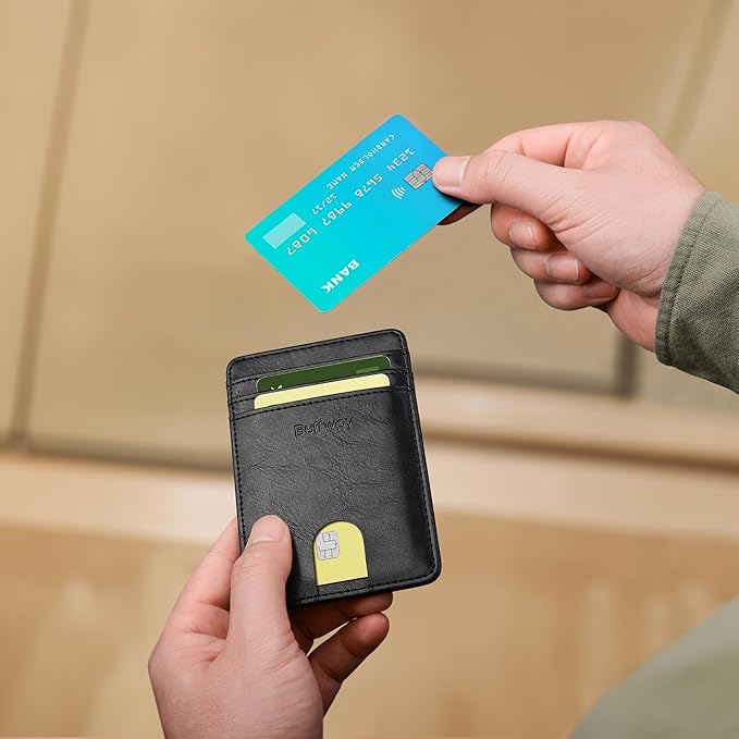 Buffway Mens Slim Wallet, Minimalist Thin Front Pocket Leather Credit Card Holder with RFID Blocking for Work Travel
