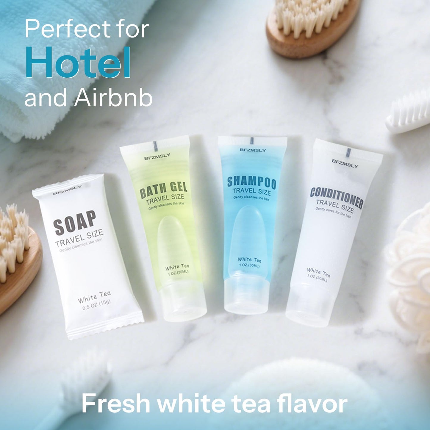 50 Sets Hotel Toiletries Set Bulk, 200 Pcs Travel Mini Bundle Amenities with Shampoo, Conditioner, Body Lotion & Bar Soap - White Tea Scent - Guest Supplies for Airbnb, Motel, Hospitality