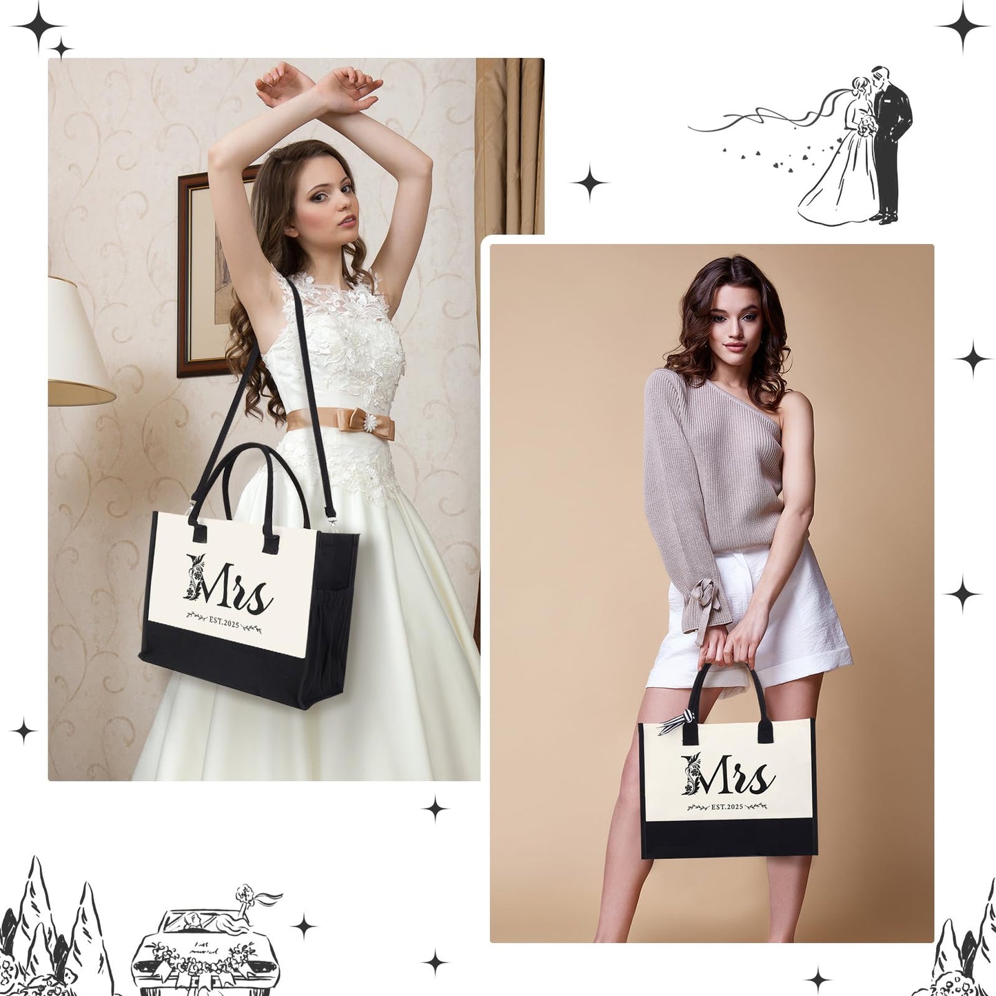 HOMIEE 3PCS Bride Canvas Tote Bag, Wedding Gifts for Bridal Shower Bachelorette Party Engagement Honeymoon Miss to Mrs (Mrs 2025)
