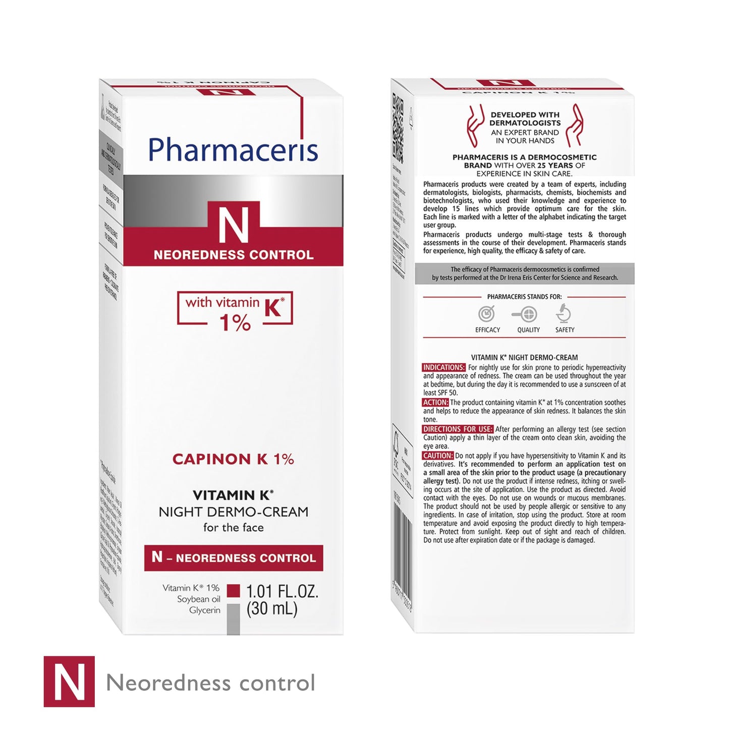 Pharmaceris Vitamin K Redness Reducing Night Cream – Redness Calming, Deep Hydration & Skin Recovery, Post-Procedure Aftercare, Moisturizer for Sensitive Skin Prone to Reactivity, CAPINON K 1.01 fl oz