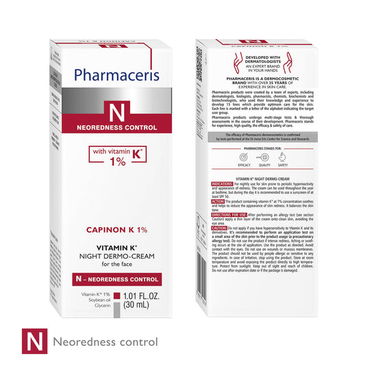 Pharmaceris Vitamin K Redness Reducing Night Cream – Redness Calming, Deep Hydration & Skin Recovery, Post-Procedure Aftercare, Moisturizer for Sensitive Skin Prone to Reactivity, CAPINON K 1.01 fl oz