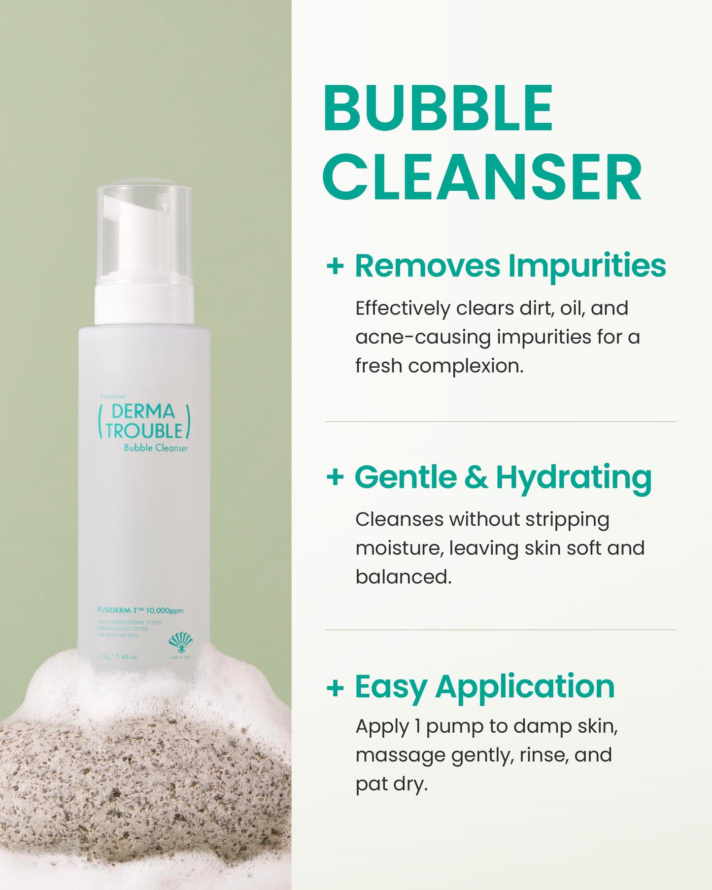 Fusidyne Derma Trouble 3-Step Acne Kit - Korean Skin Care Routine for Clogged Pores & Sensitive Skin, Gentle pH-Balanced Cleanser, Toner & Cream, Non-Irritating Formula. Anti-Sebum Complex, Fusiderm-T