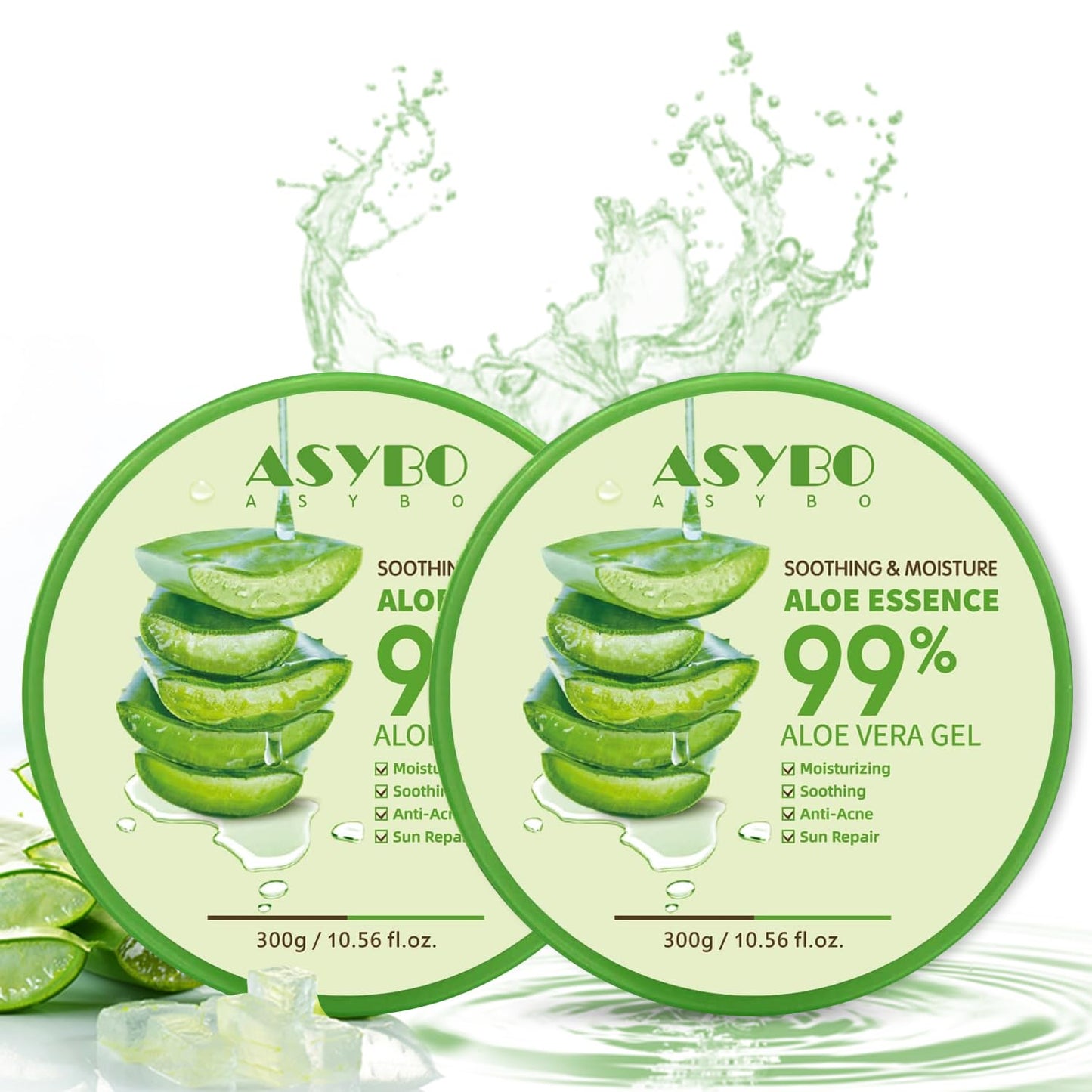 ASYBO 300x2 ML Natural Aloe Vera Gel -Organic Moisturizing Aloe Vera, Soothing and Hydrating, Sunburn and Scar Repair, After Sun Care for Face Body Hair