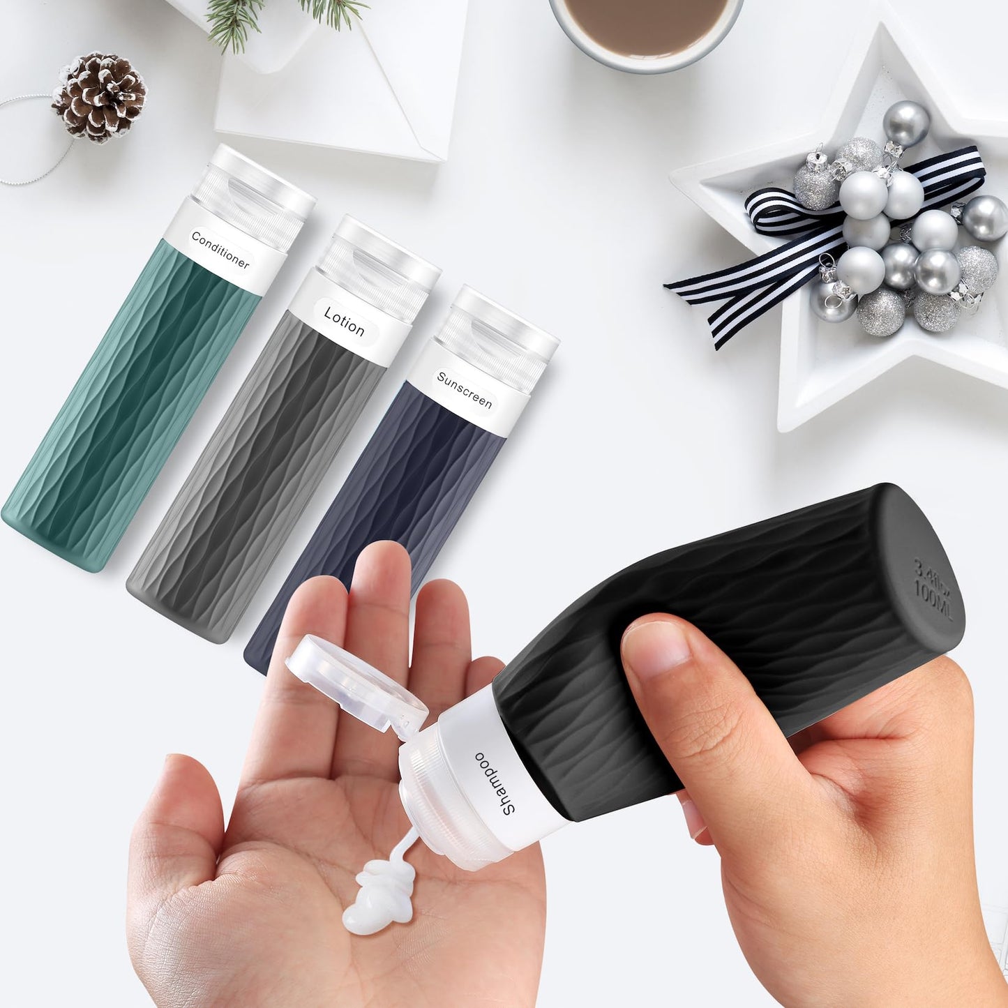 YEALIFE Travel Bottles for Toiletries, TSA Approved 3.4oz Travel Size Containers, BPA Free Leak Proof Silicone Traveling Bottles, Refillable Travel Essentials Kits for Shampoo Conditioner(4 Pack)-A