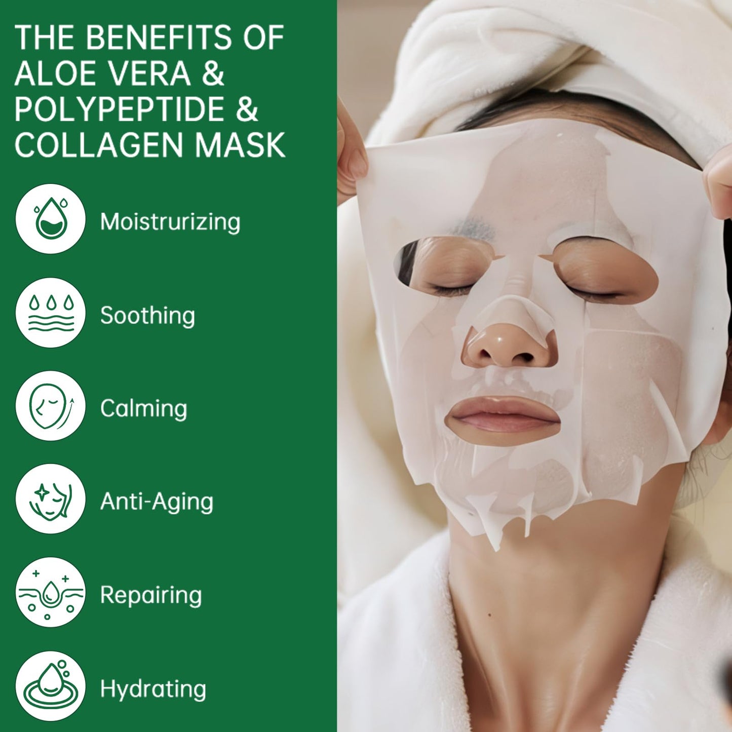 ASYBO Pack of 20 Collagen Face Mask, Aloe Vera Polypeptide Collagen Facial Masks Skincare, Moisturizing Facial Sheet Mask for Acne, After Sun, Claming, Anti-Aging and Anti-Wrinkle