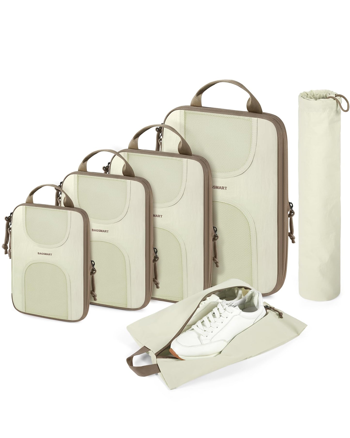 BAGSMART Compression Packing Cubes, 6 Set Packing Cubes for Suitcases, Lightweight Suitcases Organizers Bag Set & Compression Travel Cubes, Travel Essentials Packing Organizers White Opal