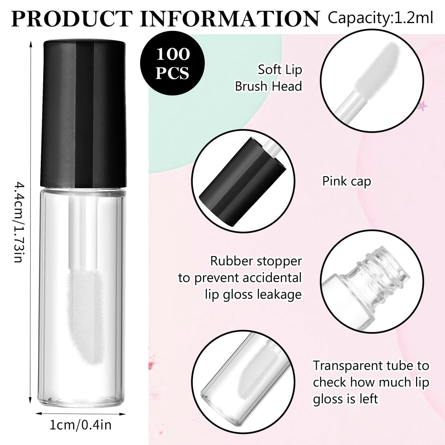 100 Pcs 1.2 ml Mini Lip Gloss Tubes Empty Lipgloss Tubes with Wand Clear Refillable Lip Balm Gloss Containers Lips Glosss Bottles for DIY Lipstick Samples Lips Balms Lipgloss Making(Black)