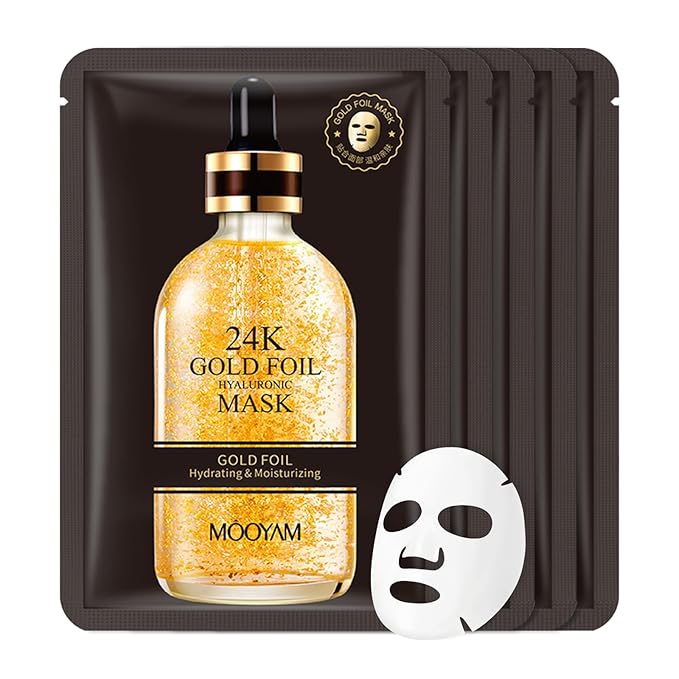 24K Gold Facial Mask for Women,Hydrating Face Mask Sheet Home SPA,Moisturizing Face Sheet Mask for Dry,Oily,Sensitive Skin 25ml(5Pack)
