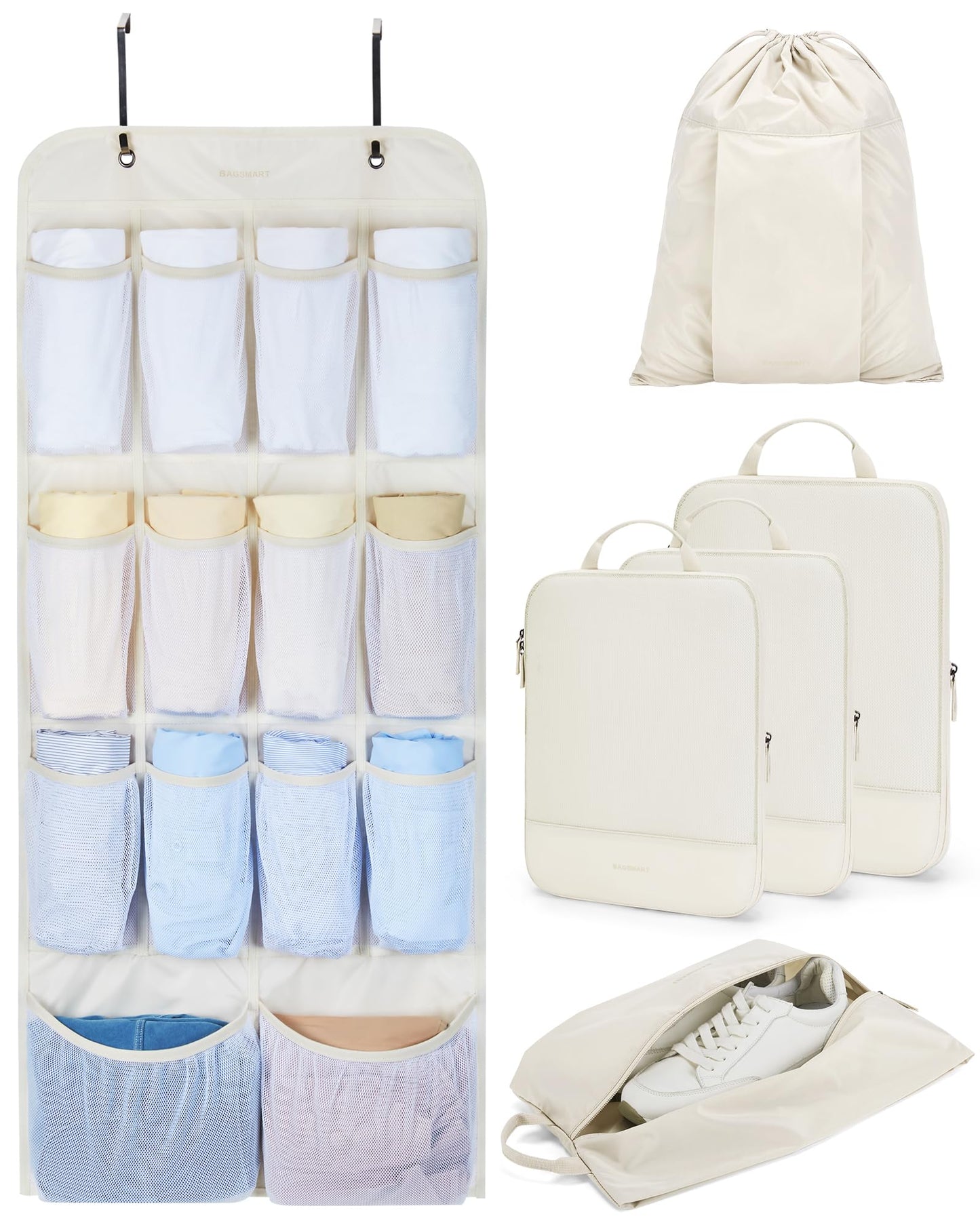 BAGSMART Hanging Compression Packing Cubes for Closet Organizers And Storage, 6 Set Suitcase Organizer Bags Set, Cruise Travel Essentials for Women, Beige