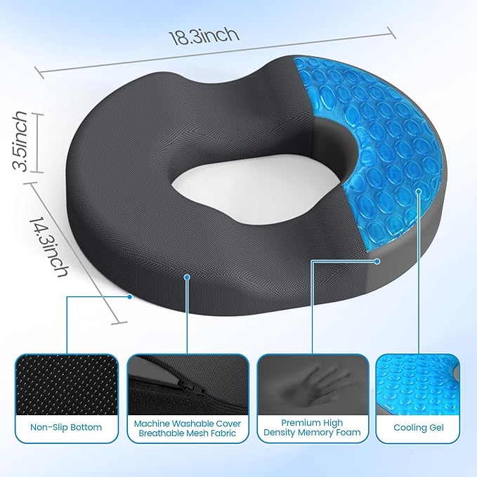 Donut Pillow Seat Cushion - Cooling Gel Floor Pillow, Memory Foam Floor Cushion for Office & Home, Car Seat, Hemorrhoids Pillow, Sciatica & Tailbone Pain Relief Chair Cushion, Grey-XL