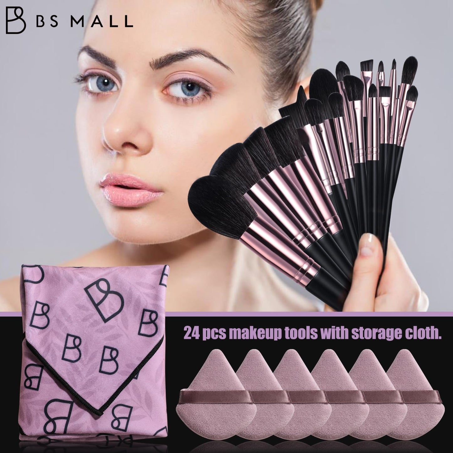 BS-MALL Makeup Brushes Set 25 Pcs with Triangle Puff – Travel-Friendly Magic Tape Storage Bag for Brush Organization