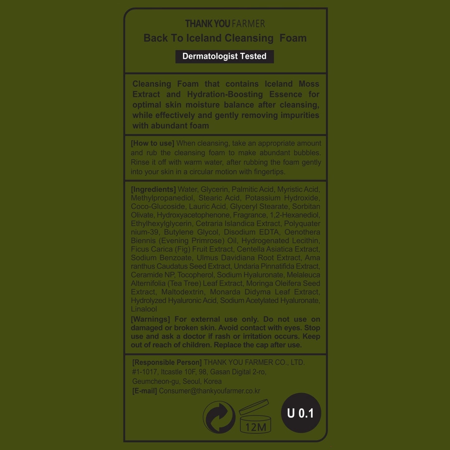 THANKYOU FARMER Back To Iceland Cleansing Foam 4.22 Fl Oz (120ml) - Pore Cleansing, Moisturized-Finish, Mens Face Wash, Face Cleanser, Face Wash For Women, Face Wash For Oily Skin