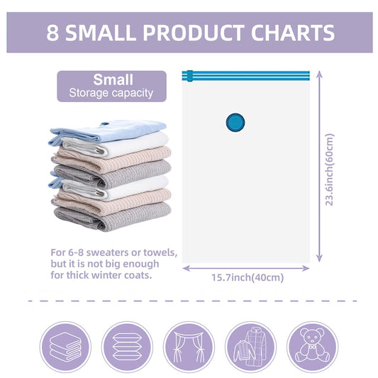 8 Pack Small Vacuum Storage Bags, Cindybear Space Saver Bags with Hand Pump, Vacuum Seal Bags for Clothing, Comforters, Blankets, Bedding and Travel